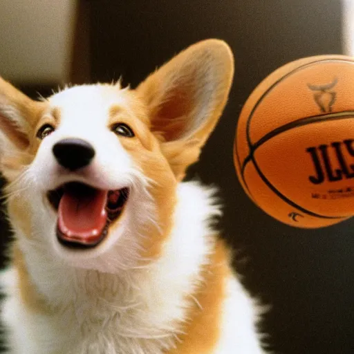 Image similar to film still of a corgi in a jersey dunking a basketball like michael jordan, low angle, show from below, tilted frame, 3 5 °, dutch angle, extreme long shot, high detail, indoors, dramatic backlighting.