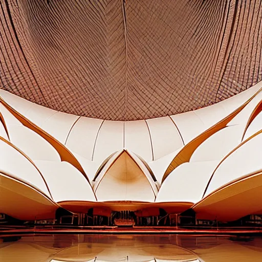 Image similar to interior of a futuristic lotus temple with gold, red and white marble panels, in the desert, by buckminster fuller and syd mead, intricate contemporary architecture, photo journalism, photography, cinematic, national geographic photoshoot