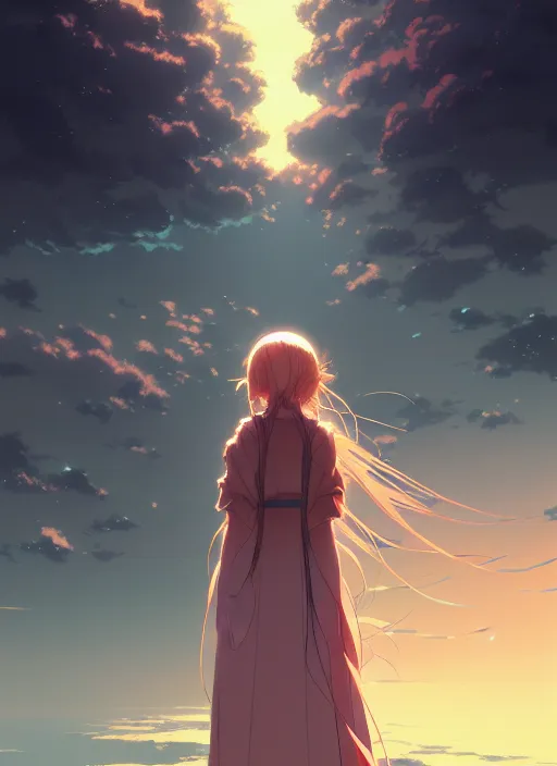 Image similar to portrait of a girl, cloudy sky background lush landscape ln illustration concept art lotr anime key visual portrait long flowing hair fine detail delicate features gapmoe kuudere trending pixiv by victo ngai fanbox by greg rutkowski makoto shinkai takashi takeuchi studio ghibli