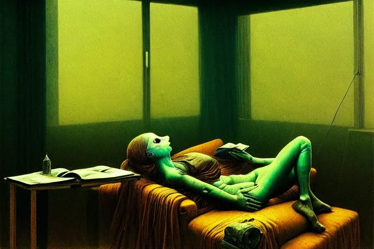 Image similar to hyper realistic girl with wearing a gas mask lying on the sofa reading a book in her room, in the style of beksinski, solarpunk, exact anatomy, atmospheric, clean, intricate and epic composition, green by caravaggio, insanely quality, highly detailed, masterpiece, blue light, artstation, 4 k