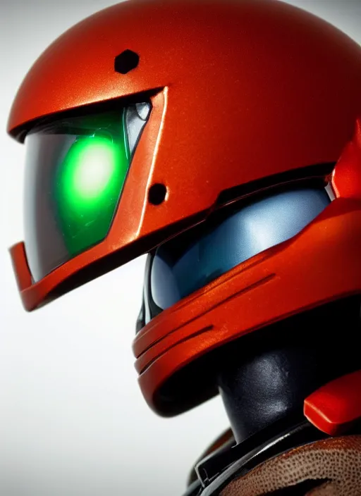 Prompt: helmet portrait of a figurine of samus aran's varia suit from the sci - fi nintendo videogame metroid. glossy. red round helmet, orange shoulder pads, green visor. shallow depth of field. suit of armor.