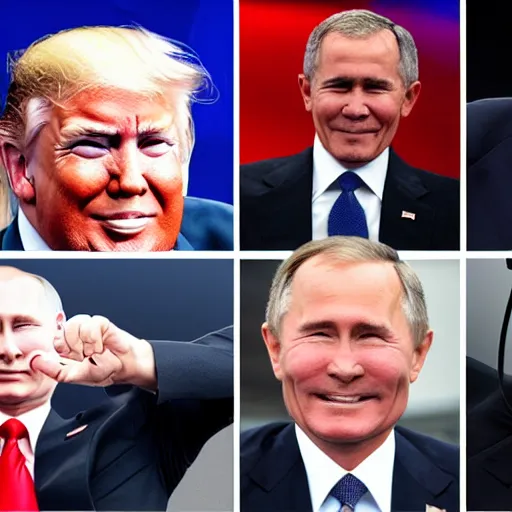 Image similar to putin, trump, obama and bush are having a laser sable fight and smiling
