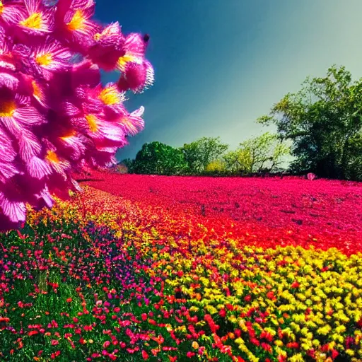 Image similar to Hundreds of colorful flowers blossoming, climax, brilliant, cinematic, epic, 8k, sharp focus