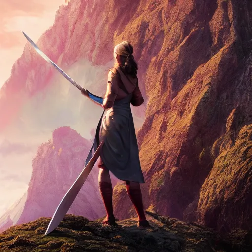 Image similar to a woman with a sword standing in front of a mountain, a character portrait by René Auberjonois, trending on cgsociety, photorealism, reimagined by industrial light and magic, #vfxfriday, anamorphic lens flare