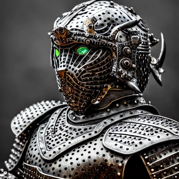 Prompt: photo of a warrior with metal jaguar themed armour, highly detailed, 4 k, hdr, smooth, sharp focus, high resolution, award - winning photo