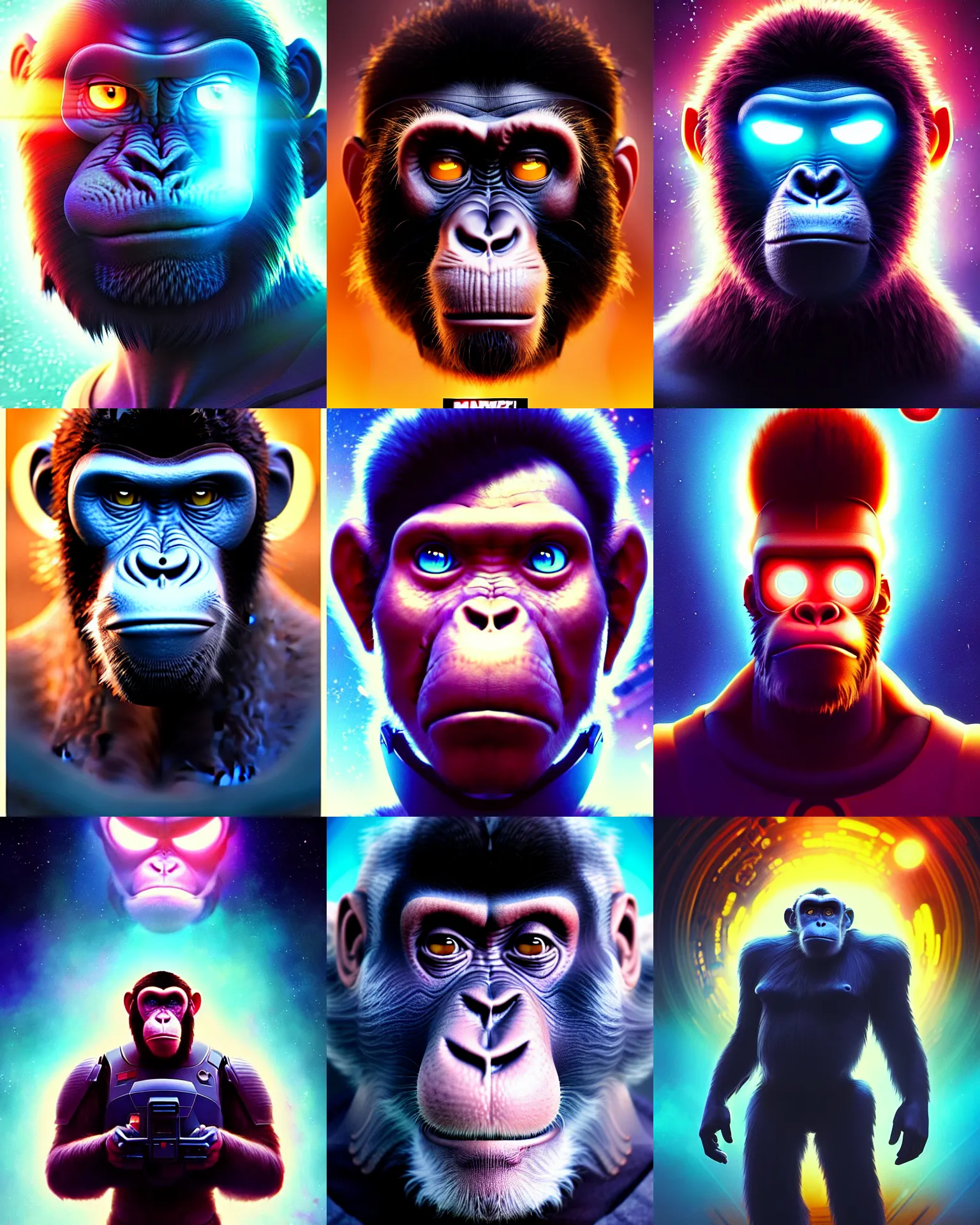 Prompt: sci - fi pixar anime movie poster portrait photo of a tough gruff intense space captain ape monkey humanoid by weta, marvel : : by greg rutkowski, wlop, ilya kuvshinov, rossdraws, artgerm, rave makeup, unreal engine, heavy brow, pearlescent, morning, artstation, gq cover : :