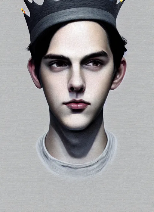 Image similar to portrait of teenage jughead jones wearing a light grey crown, photorealistic, single color crown made of fabric, crown made of felt, black hair, intricate, elegant, highly detailed, digital painting, glowing lights, artstation, concept art, smooth, sharp focus, illustration, art by wlop, mars ravelo and greg rutkowski