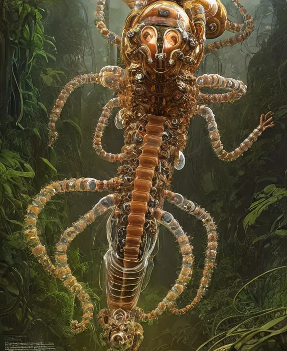 Prompt: intricate ornate opulent transparent clear see - through portrait of a terrifying male alien centipede robot, mottled coloring, adorable, childlike, overgrown biopunk jungle environment, ultra realistic, concept art, art nouveau, photorealistic, octane render, 8 k, unreal engine. art by christopher marley and artgerm and greg rutkowski and alphonse mucha