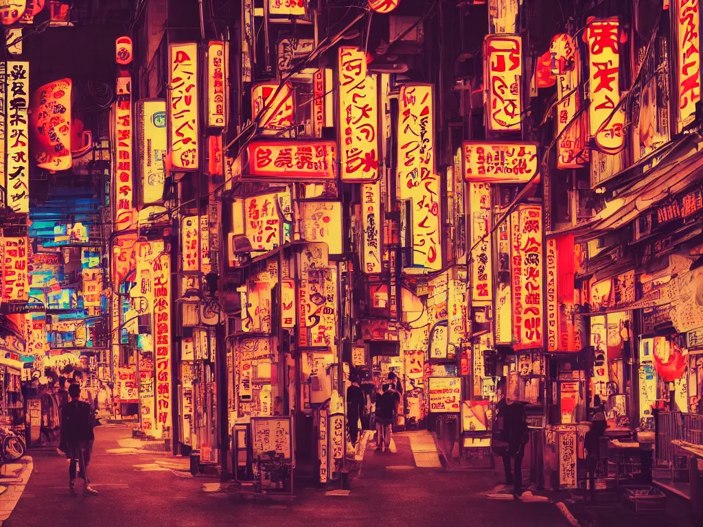 Image similar to japan, neon light filled street, ramen shop, wallpaper, 4 k, 8 k, highly detailed