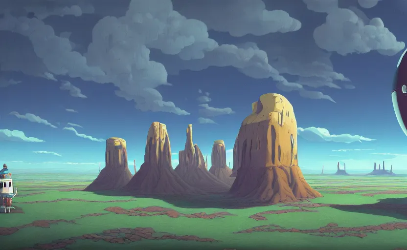 Image similar to a scary hyperrealist painting of a rocketship in a giant transparent forcefield from howl's moving castle ( 2 0 0 4 ) in a flooded monument valley stonehenge jungle. depth perception, 4 k, artstation, in the style of studio ghibli