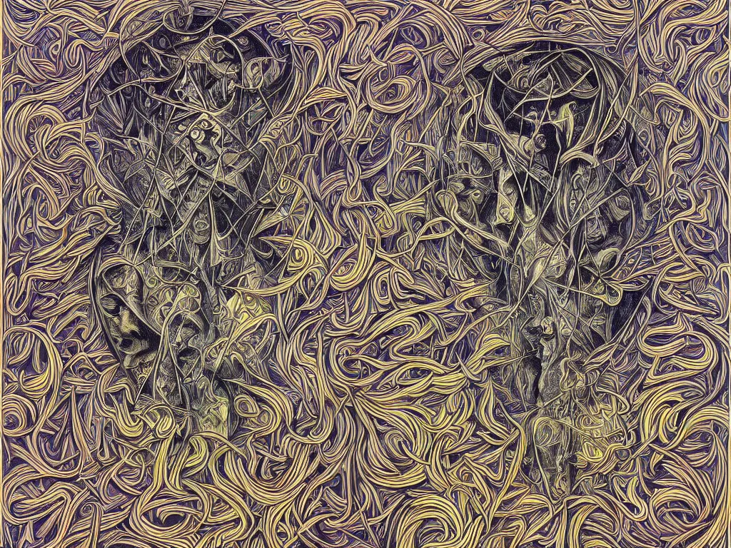 Image similar to expression of mind-matter interaction through death by Alex Grey and M. C. Escher collaboration, digital painting, Groundcore