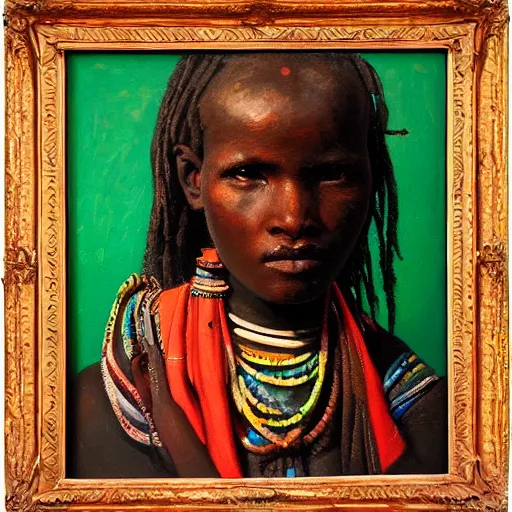 Prompt: portrait of Maasai tribal girl, oil painting by Rembrandt