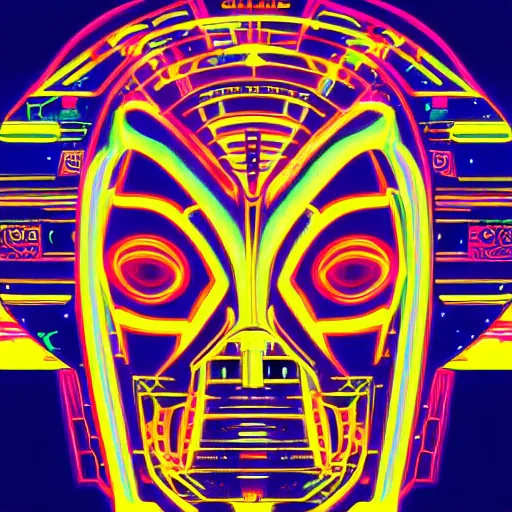 Image similar to hyperdetailed portrait of a spaced out cyberpunk aztec futurism robot head, 8 k, symetrical, flourescent colors, halluzinogenic, meditative, multicolored vector art, black background