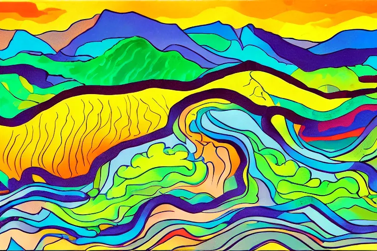 Prompt: Landscape painting. Wild energy patterns rippling in all directions. Curves, zig-zags. Organic. Mountains. Clouds. Vegetation. Rushing water. Waves. LSD. Fauvism.