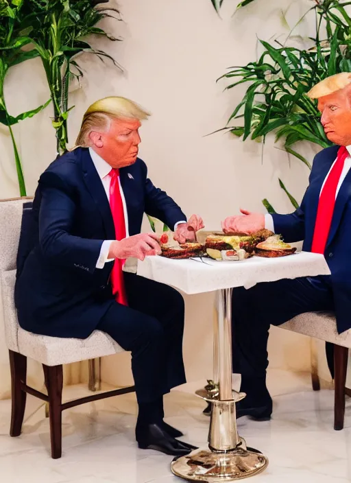 Image similar to Trump and Biden having dinner at a fancy Balinese restaurant, award winning photography, 85mm, perfect faces