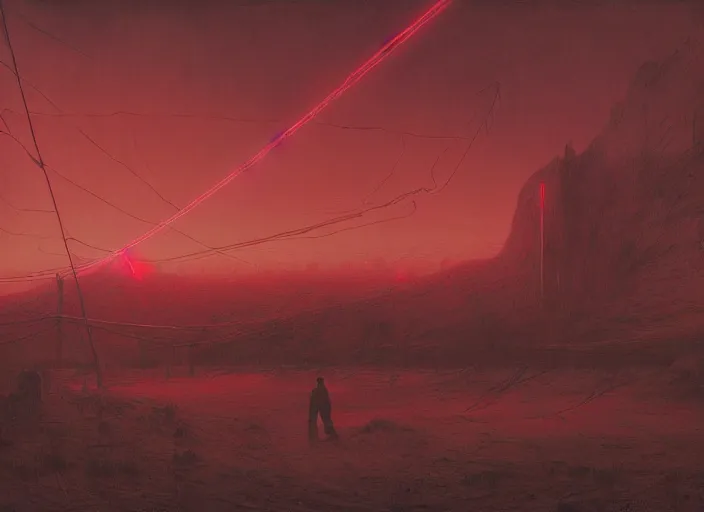 Prompt: Landscape, neon, red, glowing, wires everywhere, by Edgar Maxence and Ross Tran, Zdzisław Beksiński, and Michael Whelan, distant, gustav dore, H.R. Giger, 8k, octane render