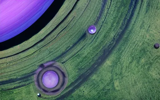 Prompt: the purple fields of Yavin 5 our alien exodus, planetary rings stretch across the sky fading away at the horizon, landscape photography 4k