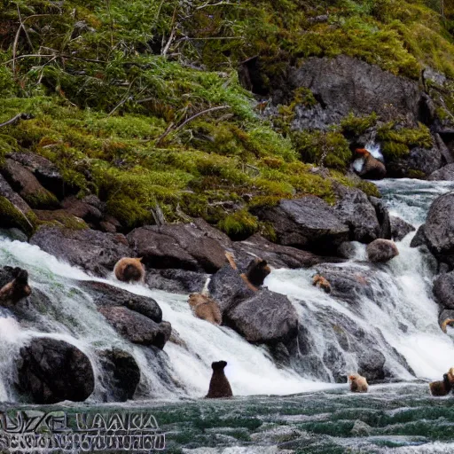 Image similar to hundreds of bears catching a salmon at the top of a small waterfall in alaska, national geographic photo, detailed 4 k