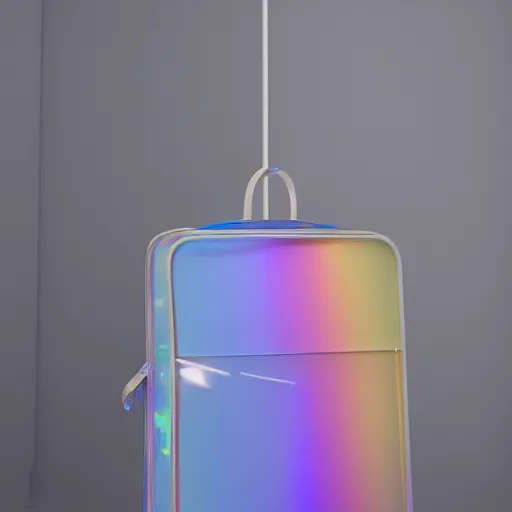 Prompt: an ultra high definition professional studio quality photograph of a transparent iridescent perspex pastel coloured luggage bag on a coat hook in an empty white room. dramatic lighting, ray tracing, refraction, shallow d. o. f, colour corrected, golden ratio, three point light. volumetric shadows. light rays.