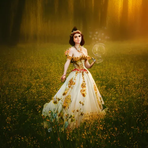 Prompt: photo of an extremely beautiful woman in ornate gown in an endless ethereal meadow, 4 k, hdr, smooth, sharp, focus, hyper realistic, high resolution, award - winning photo, bokeh, graflex camera, super resolution