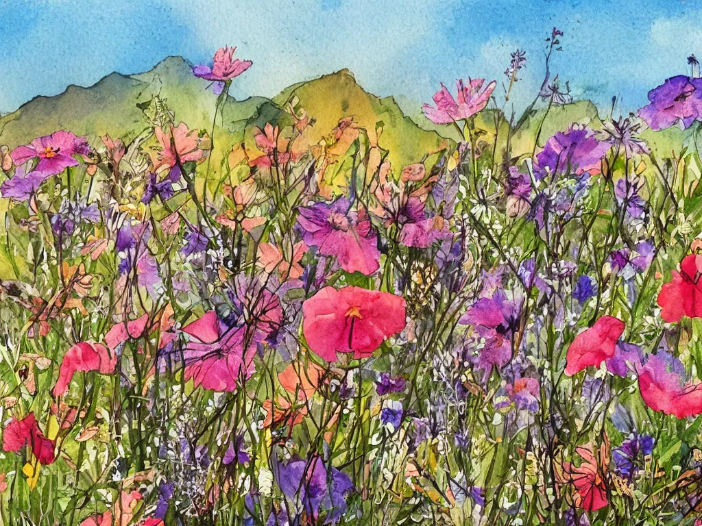 Image similar to a beautiful watercolor painting of wildflowers blooming in the sonoran desert, fantasy illustration