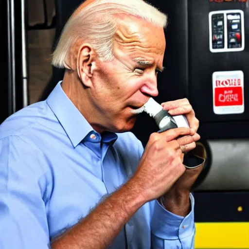 Prompt: Joe Biden sipping gasoline from the gas station gas pump