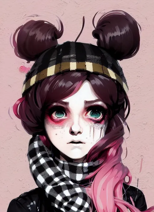 Prompt: highly detailed portrait of a sewer ( ( emo punk ) ) lady student, beanie, pink eyes, tartan scarf, curly hair by atey ghailan, by greg rutkowski, by greg tocchini, by james gilleard, by joe fenton, by kaethe butcher, gradient pink, black, brown and cream color scheme, grunge aesthetic!!! graffiti tag wall background