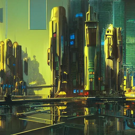 Prompt: futuristic cyberpunk city panorama, daylight, cinematic perspective, cinematic lighting, blue sky, syd mead, john harris, symmetrical
