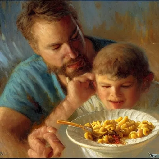 Image similar to Jesus eating mac n’ cheese, painting by Gaston Bussiere, Craig Mullins
