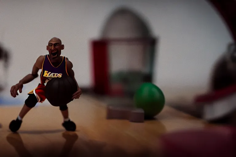Image similar to cinematic screenshot portrait of a stop motion claymation film about a wacky adventure starring kobe bryant, shallow depth of field, 1 8 mm, f 1. 8