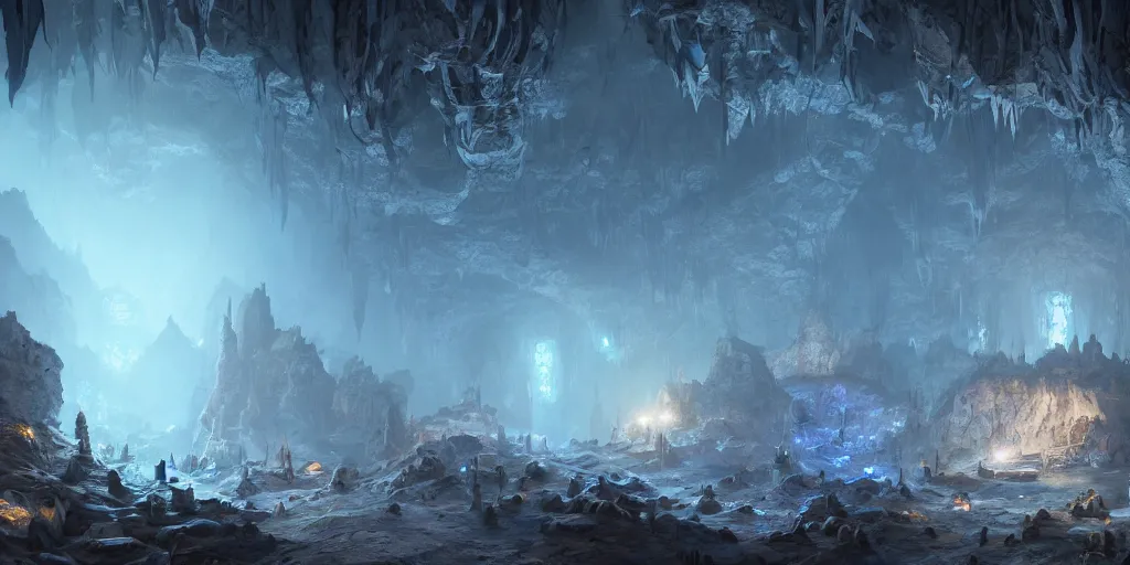 Image similar to fantasy matte painting of a cave with glowing crystals on the walls and piles of bones on the floor, fantasy, sharp focus, artstation