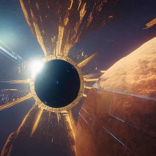 Image similar to dyson sphere in space, transparent panels, intricate abstract, unreal engine tech demo, golden hour, scifi