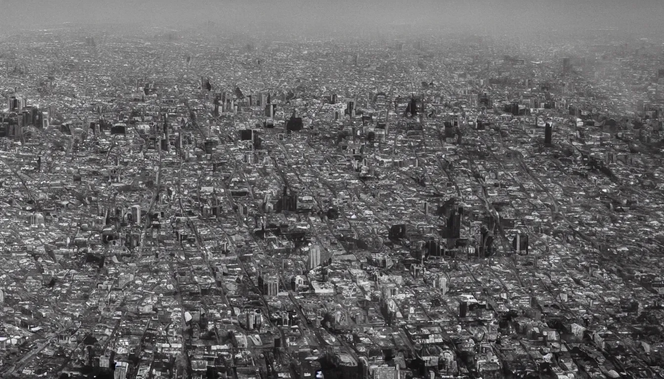 Image similar to Giant Gigachad destroying a city, drone footage black and white