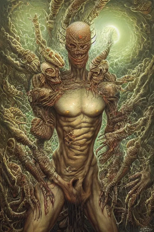 Prompt: a man whose arm is covered in painful alien bug eggs. art by tomasz alen kopera and glenn fabry.