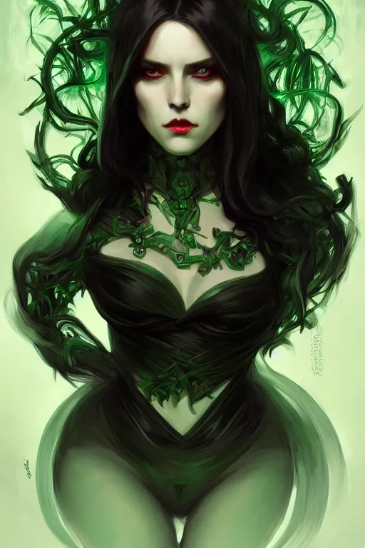 Prompt: portrait of a dark fantasy seductive female necromancer, stylish black dress, green eyes, long red hair, fantasy, elegant, intricate, full frontal shot, highly detailed, digital painting, artstation, concept art, sharp focus, illustration, art by artgerm and greg rutkowski and alphonse mucha