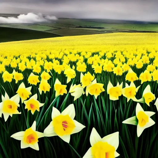 Image similar to i wandered lonely as a cloud, that floats on high o'er vales and hills, when all at once i saw a crowd, a host, of golden daffodils