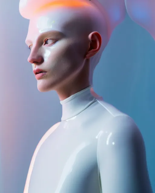 Prompt: close - up portrait of an androgynous woman wearing a white bodysuit, standing in a intergalactic garden with translucent white plants, ethereal, kinetic sculpture, soft lighting, peach and white color scheme, luminous background, futuristic aesthetic, intricate details, highly detailed