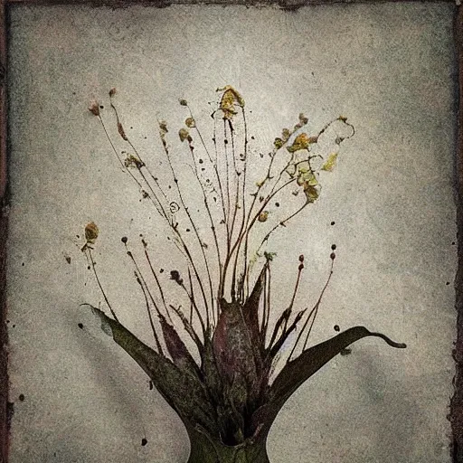 Prompt: The assemblage is a beautiful and haunting work of art of a series of images that capture the delicate beauty of a flower in the process of decaying. The colors are muted and the overall effect is one of great sadness. pixel art, mannerism by Jeffrey Smith lavish