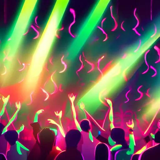 Image similar to dark dancing silhuettes in a dance club, colorful lights, dramatic lighting, a lot of energy, still from an anime by studio ghibli