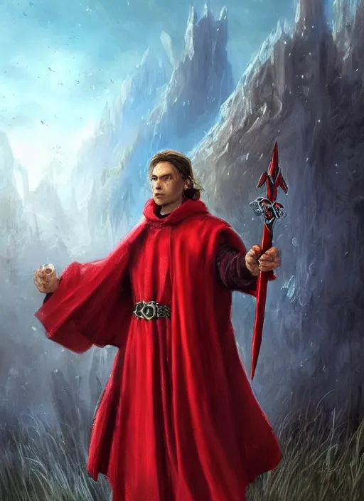 Prompt: beautiful bright red cloak stunning priest, ultra detailed fantasy, dndbeyond, bright, colourful, realistic, dnd character portrait, full body, pathfinder, pinterest, art by ralph horsley, dnd, rpg, lotr game design fanart by concept art, behance hd, artstation, deviantart, hdr render in unreal engine 5