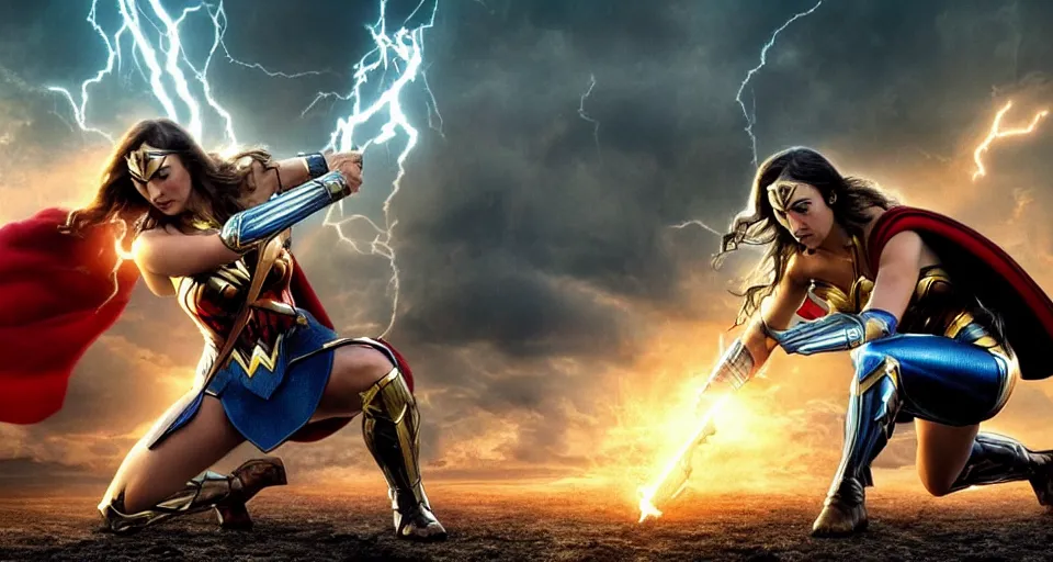 Image similar to thor, vs., wonder woman, cinematic movie scene, epic fight, blue lightning, yellow lightning, photo