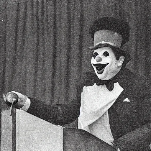 Prompt: an old black and white photo of a clown giving a rousing political speech to a huge crowd,