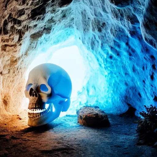 Image similar to a large translucent skull blocking the entrance to a cave emanating a blue glow, subsurface scattering, volumetric light, caustic reflection, adventure mystery cave