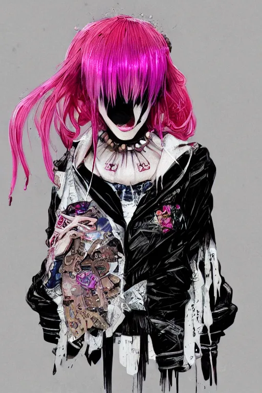 Image similar to by kyoto animation, very creepy clown girl pink hair, wearing cyberpunk intricate streetwear, beautiful, detailed portrait, intricate complexity, ilya kuvshinov, cell shaded, 4 k, concept art, by wlop, ilya kuvshinov, artgerm, krenz cushart, greg rutkowski, sharp focus, volumetric lighting, cinematic lighting, studio quality