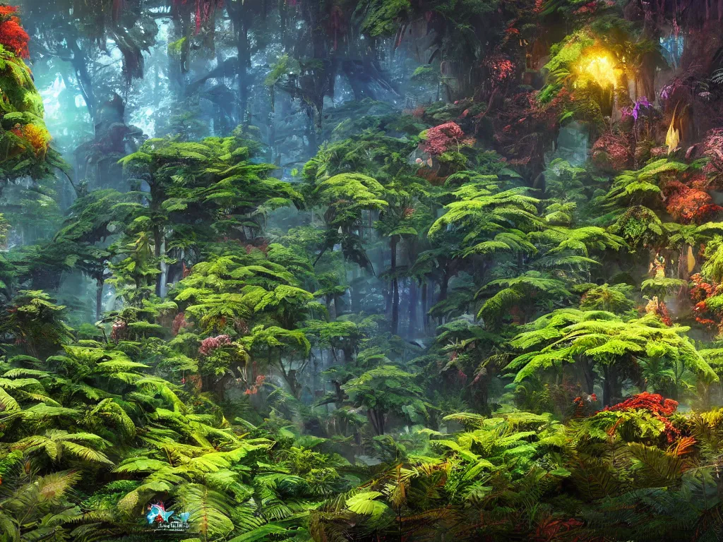 Prompt: a beautiful otherworldly fantasy landscape of dense mechanical shattered lush ferns and evergreen trees in hyper detail like the pacific northwest, vivid glowing colors, extreme detail, studio ghibli and pixar and abzu, rendering, cryengine, deep colors, aerial perspective, epic scale, vray render, cgsociety