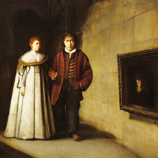 Prompt: Harry Potter and Hermione in Venice, by Rembrandt,