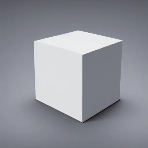 Prompt: a white cube on a black hard surface. perspective view. top light
