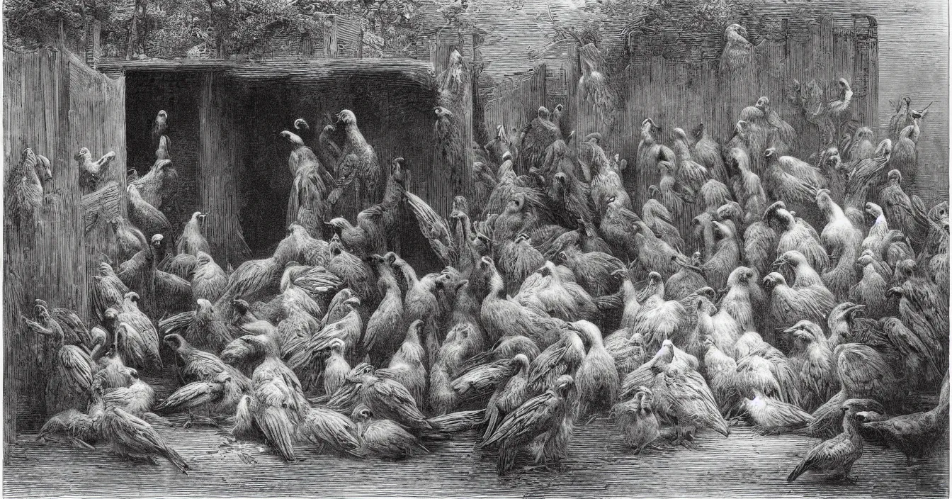 Prompt: One hundred beautiful birds are locked in a cage in the zoo, the other animals are free to graze outside the cage, by Gustave Dore