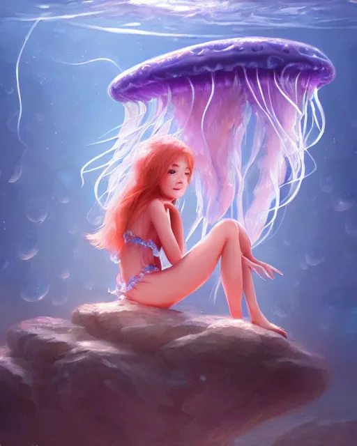 Prompt: concept art of a jellyfish creature girl, sitting on a rock at the bottom of the ocean | | cute - fine - fine details by stanley artgerm lau, wlop, rossdraws, and sakimichan, trending on artstation, brush strokes