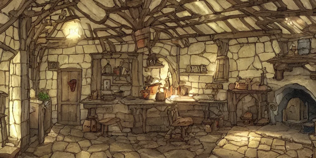 Image similar to medieval cottage interior, studio ghibli